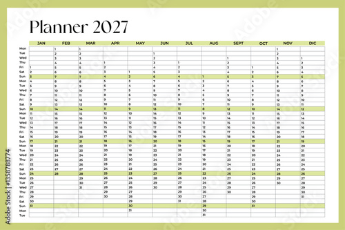 Aesthetic Planner 2027 year, Wall calendar 2027 template, Week Starts Monday, Set of 12 calendar, advertisement, printing, organization and business, stationery, minimal.