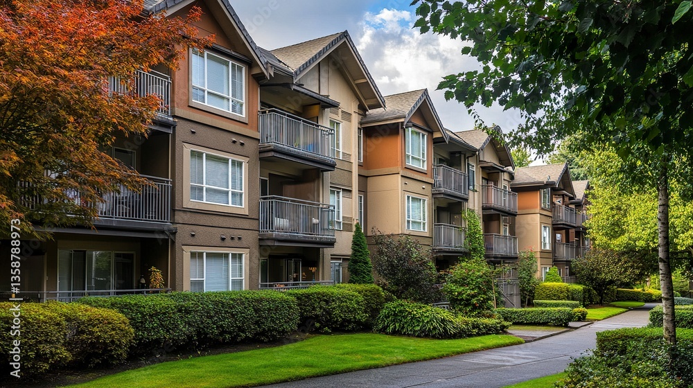 Multi-story apartment complex in a quiet American suburb vibrant landscaping, spacious balconies, and a communal garden setting. Multi-story apartment complex in a quiet American suburb vibrant landscaping, spacious balconies, and a communal garden setting.