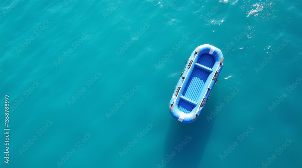 Fototapeta premium Blue inflatable raft floating on turquoise water, top view. Aerial shot of empty boat drifting on calm sea surface with sunlight reflections with copy space