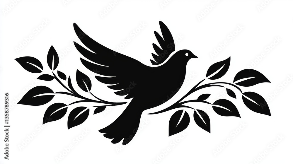 Fototapeta premium Elegant Black Dove Silhouette on Branch with Leaves Peace Nature Symbol