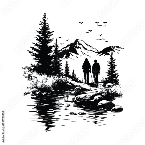 Hiking trails and maps silhouette designs vector flat graphic illustration