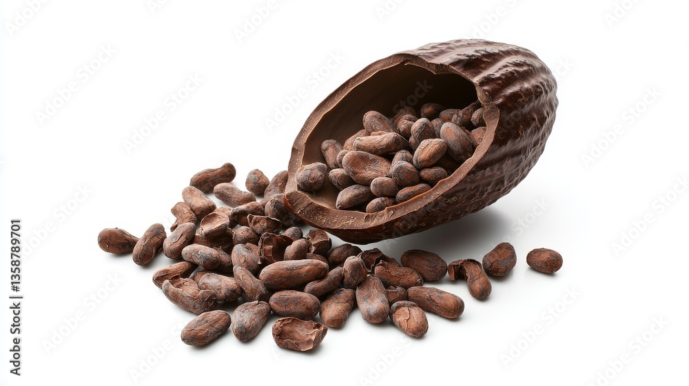 Fototapeta premium Cacao beans spilling from a broken cocoa pod isolated on white background High resolution image