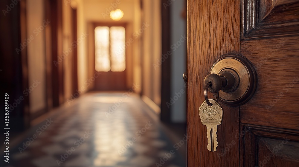 Open wooden door with keys in the lock leading to a bright, inviting interior soft, natural shadows adding depth and warmth.