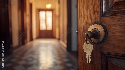 Open wooden door with keys in the lock leading to a bright, inviting interior soft, natural shadows adding depth and warmth. 