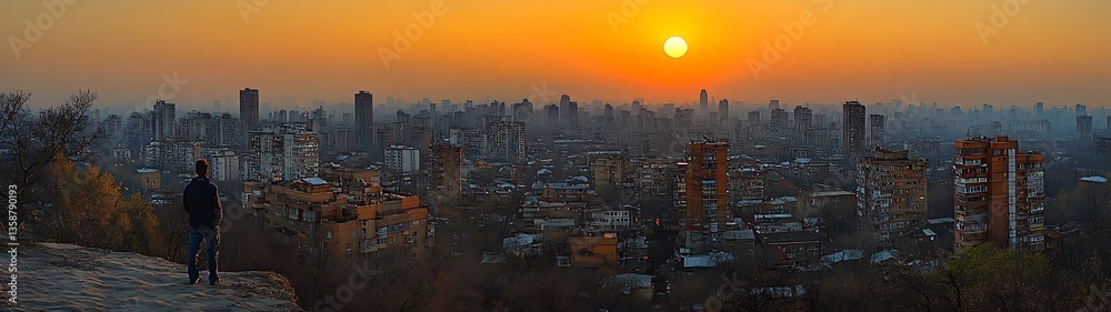 Obraz premium A man observes a city skyline at the fiery sunset during dusk