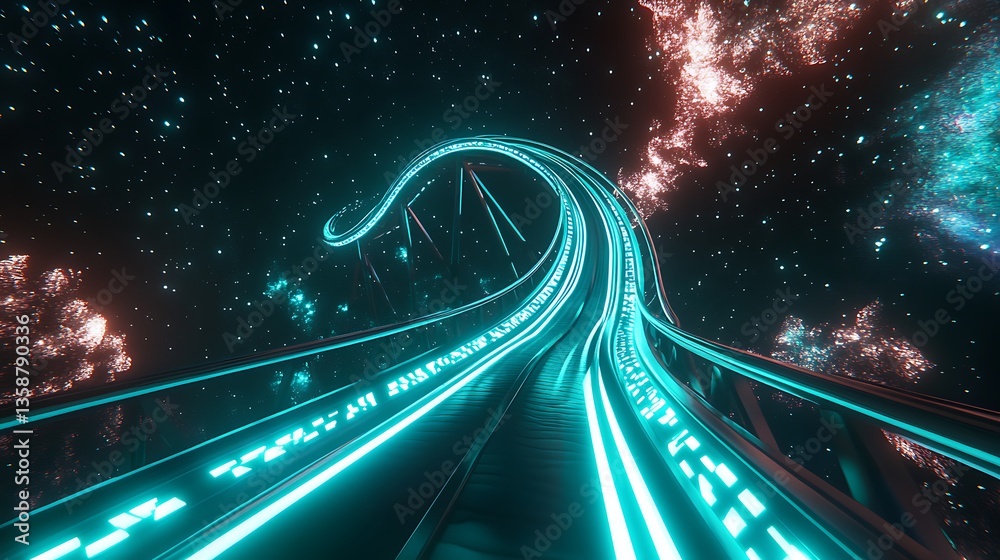 Fototapeta premium Futuristic Roller Coaster in Space with Neon Colors and Stars