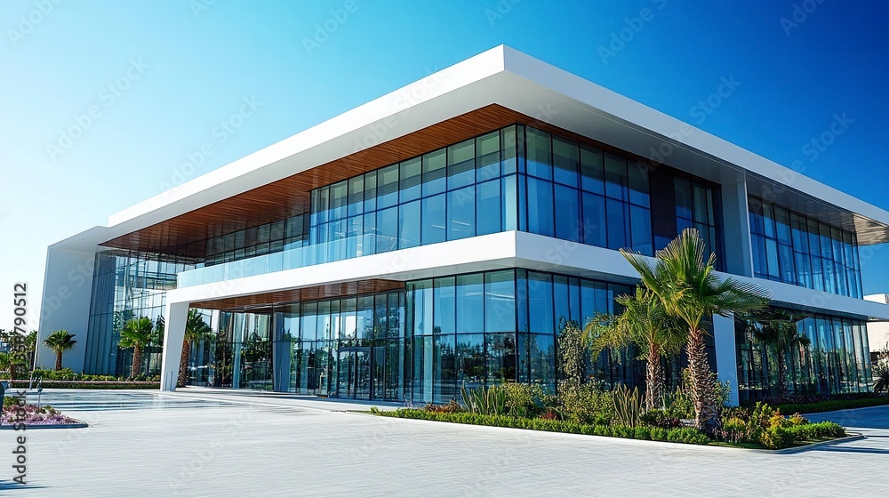 Part of a stylish residential property complex bold architectural lines flat facades and expansive glass under a bright blue open sky. Part of a stylish residential property complex bold architectural lines flat facades and expansive glass under a bright blue open sky.
