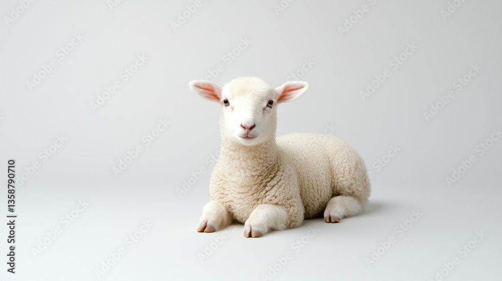 Fototapeta premium Adorable Fluffy Lamb Lying Down Studio Shot White Background Young Animal Farm