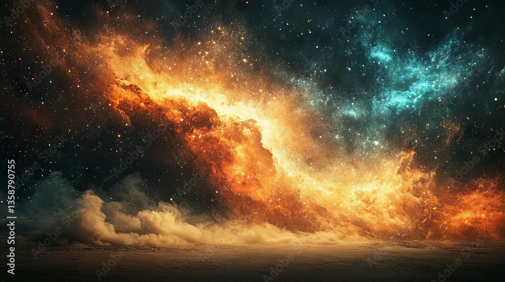 Obraz premium Celestial Inferno: A fiery cosmic nebula illuminates a desolate landscape under a star-studded night sky. The vibrant colors create a dramatic and awe-inspiring scene.