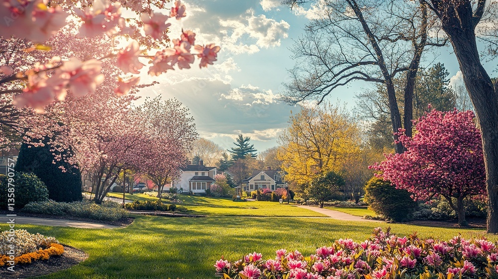 Naklejka premium Picture-perfect suburban neighborhood with rows of inviting homes vibrant landscaping alive with spring flowers and birdsong under a sunny sky