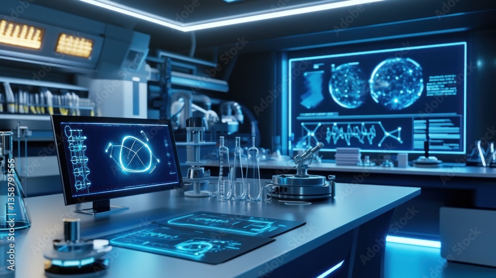 Futuristic Lab Desk with Tech Displays Futuristic Lab Desk with Tech Displays
