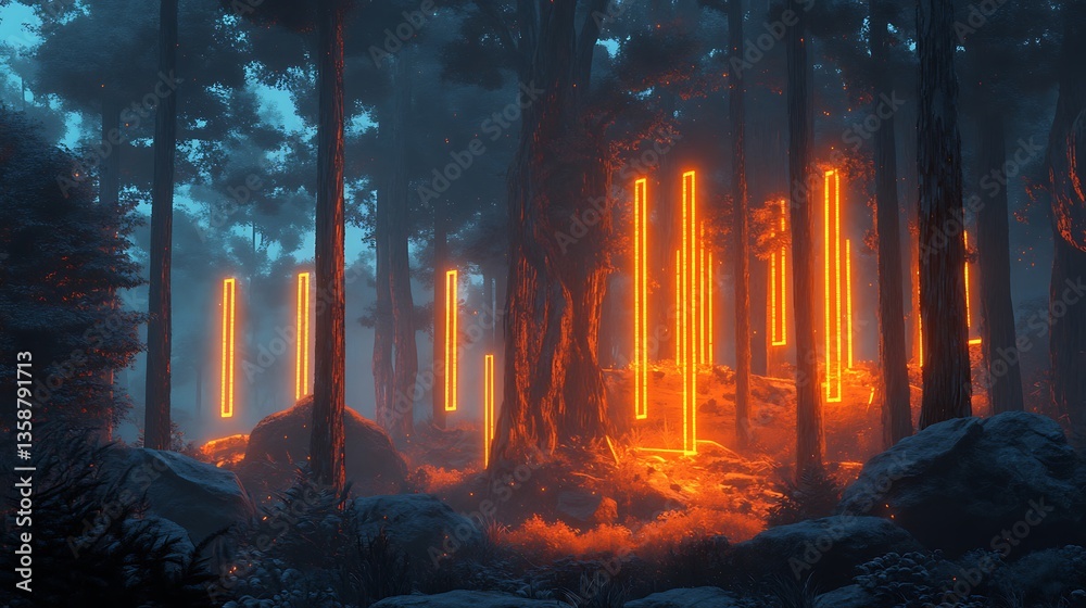 Obraz premium Enchanted Forest with Glowing Vertical Lights at Dusk