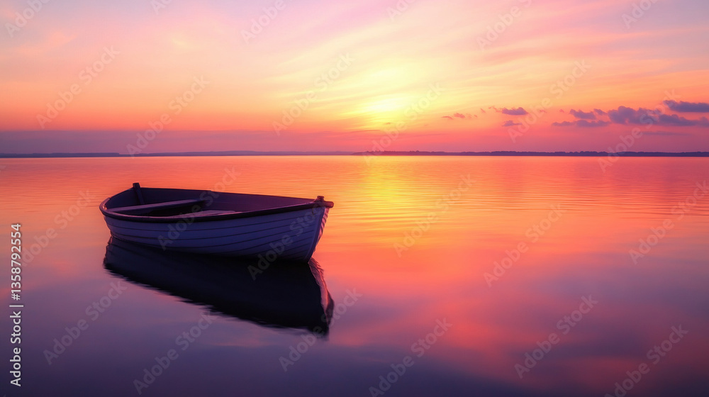 Rowboat at sunset on a calm lake