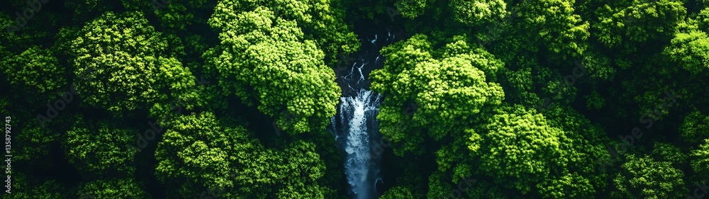 Aerial view of dense green treetops with running water visible Aerial view of dense green treetops with running water visible