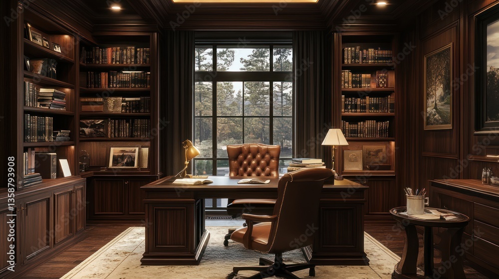 Luxurious Home Office with Wooden Bookshelves and Large Window