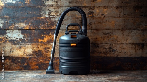 Illustrating its practicality in heavy-duty environments, present a shop vacuum cleaner wet and dry against a rustic brown industrial backdrop.