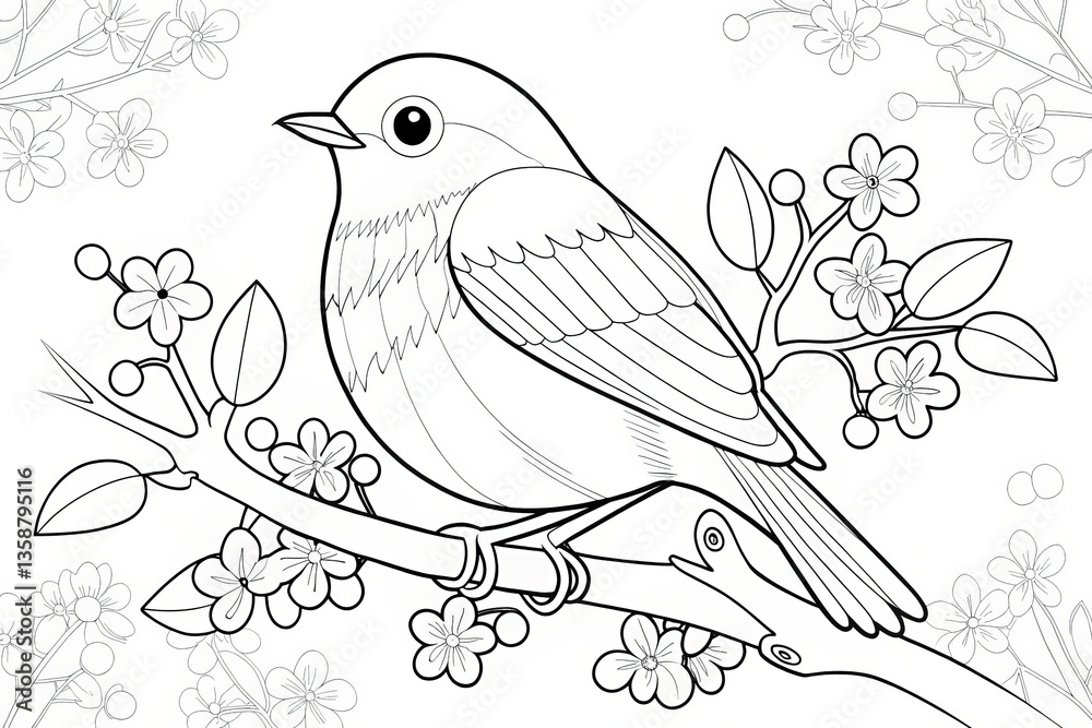 Fototapeta premium Spring season theme, Coloring page featuring a bird perched on a branch with flowers. Outline for coloring.
