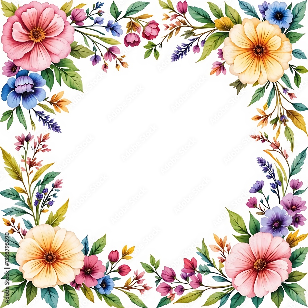 Fototapeta premium Watercolor Floral Frame with Colorful Flowers and Green Leaves, Floral and leaf card. watercolor design. For banners, posters, invitations and Wishing etc. Ai Generative