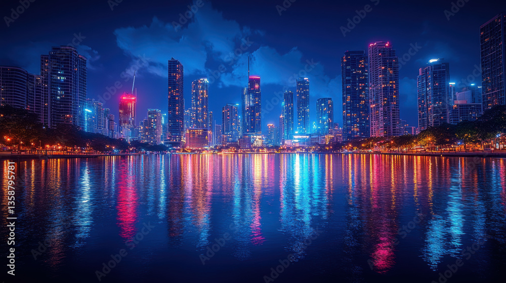 Fototapeta premium Night cityscape reflection in water