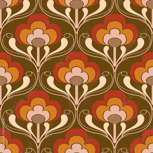 Retro floral pattern with repeating flower motifs. Ideal for textiles, wallpaper, packaging, and digital designs. 
