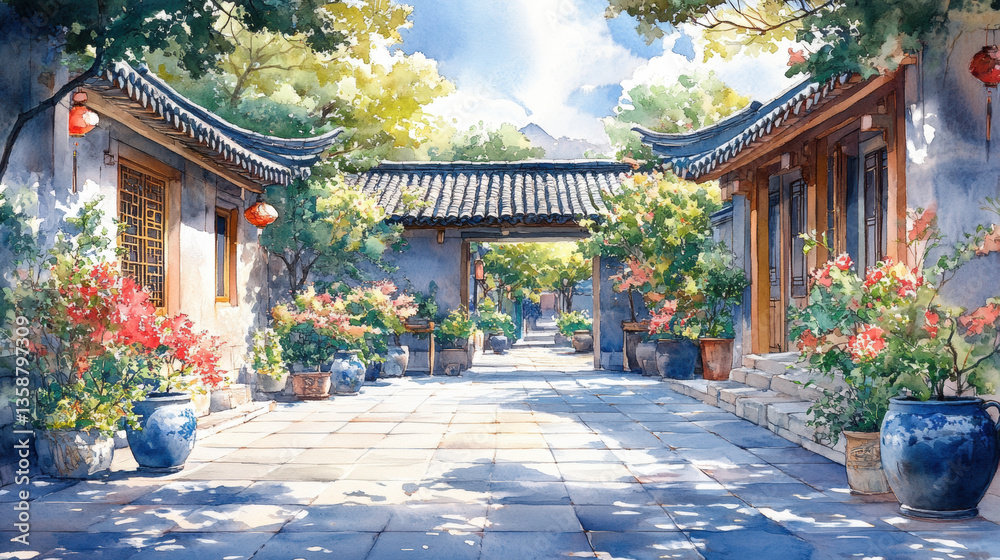Fototapeta premium Watercolor painting of a serene Chinese courtyard garden.