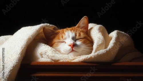 Red cat sleeping wrapped in a soft towel on furniture against a black background photo