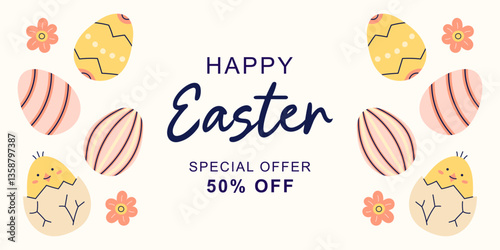 Happy Easter horizontal banner with Easter Eggs on beige background. Design with text for discount. Happy Easter hand drawn card. Flat illustration with partial outline. Vector illustration.
