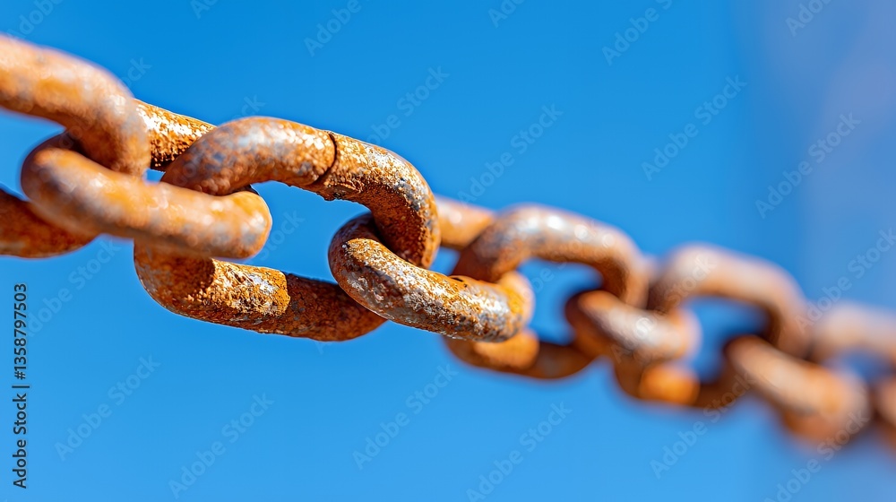 Fototapeta premium Rusty and Weathered Chain Links Against a Vibrant Blue Sky Background