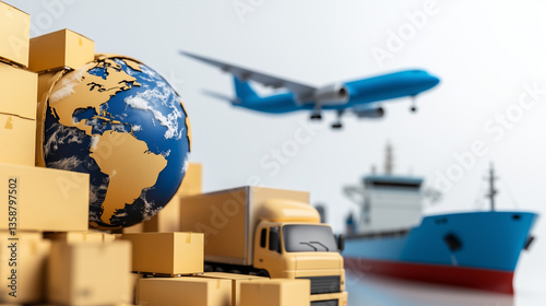 Global logistics and freight transportation concept with cargo truck, airplane, shipping container, and packages around a globe.  