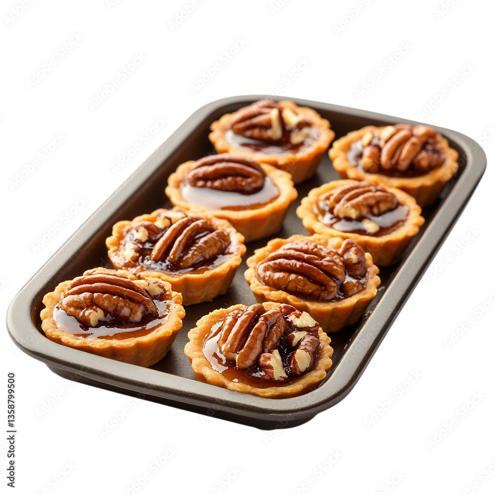 A Tray of Mini Pecan Tarts with Glossy Nut Topping Isolated on Transparent Background A Tray of Mini Pecan Tarts with Glossy Nut Topping Isolated on Transparent Background