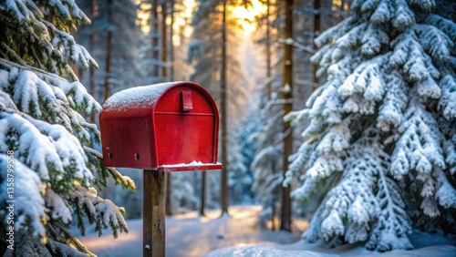 A snowy winter scene features a vibrant red mailbox standing proudly amidst a picturesque snow-covered evergreen forest, bathed in the warm glow of the setting sun.