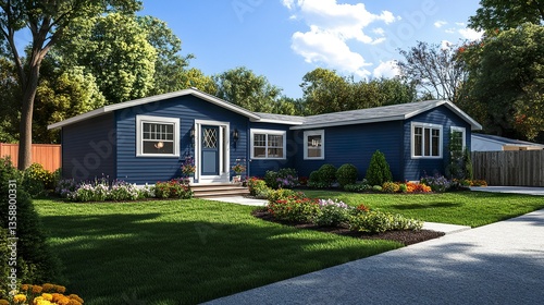 Stylish new construction ranch house with crisp blue siding, a paved driveway, and a vibrant yard framed by small shrubs and flowers 