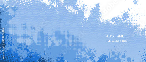 Abstract blue halftone grunge background with geometric hexagonal pattern and splatter texture. Suitable for modern designs, posters, banners, or digital presentations.