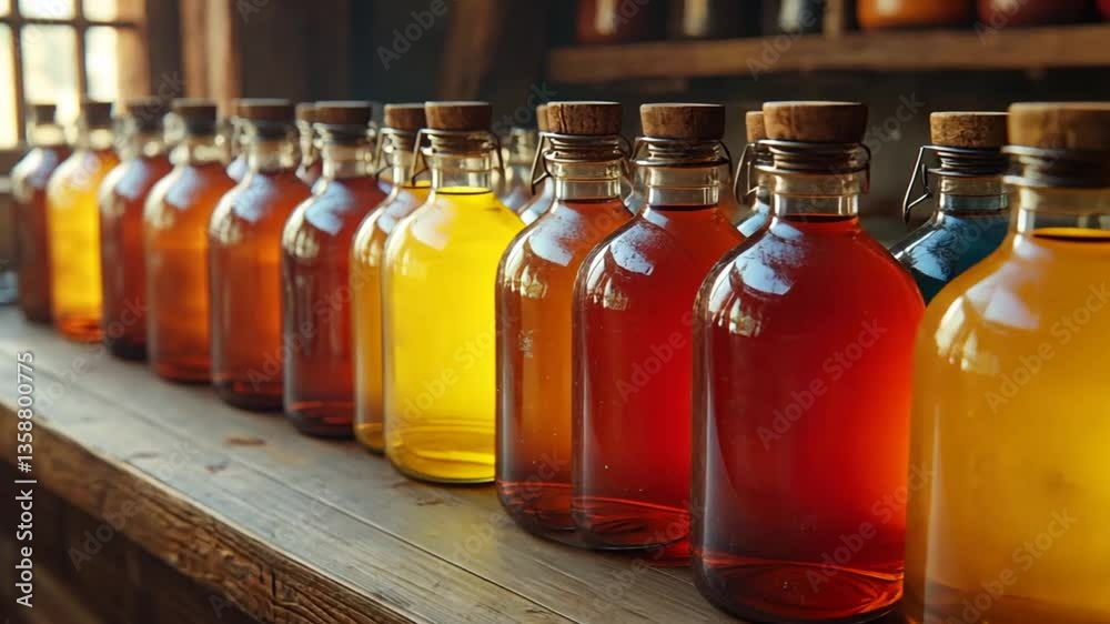 Row of Amber Glass Bottles on Wooden Shelf