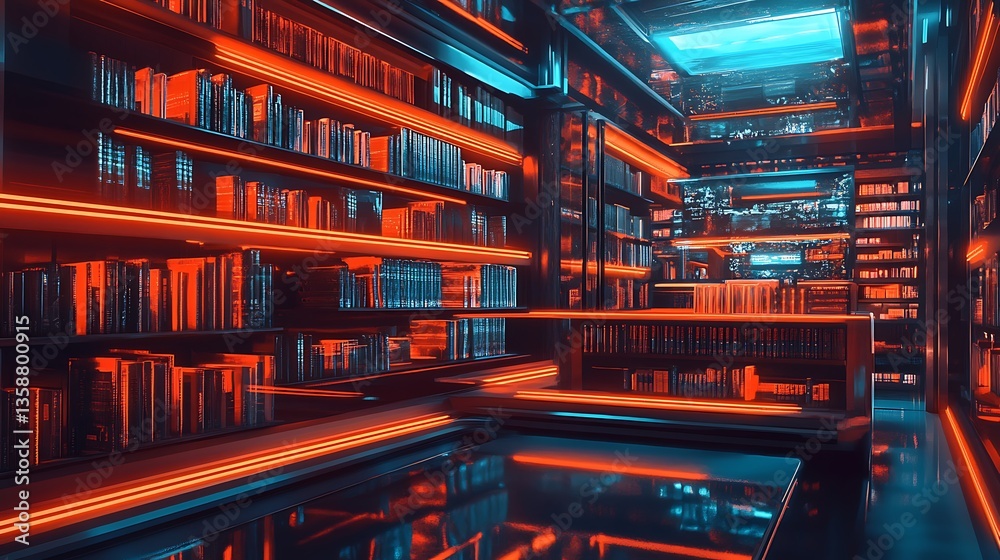Futuristic Library with Neon Lights and Bookshelves in Vibrant Colors Futuristic Library with Neon Lights and Bookshelves in Vibrant Colors
