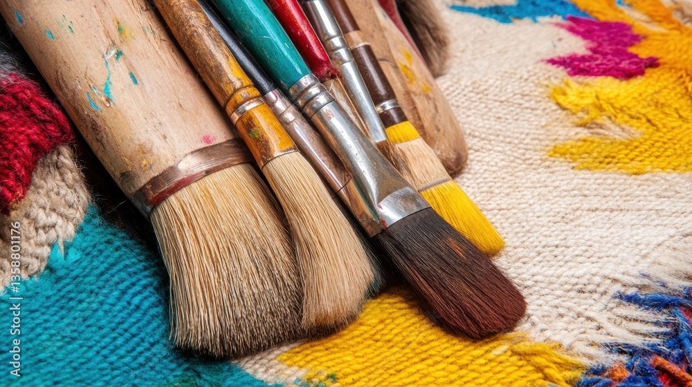 Fototapeta premium Colorful Paint Brushes on Artistic Textile Surface Close-Up
