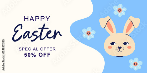 Happy Easter horizontal banner with hare on beige and blue background. Design with text for discount. Happy Easter hand drawn card. Flat illustration with partial outline. Vector illustration.
