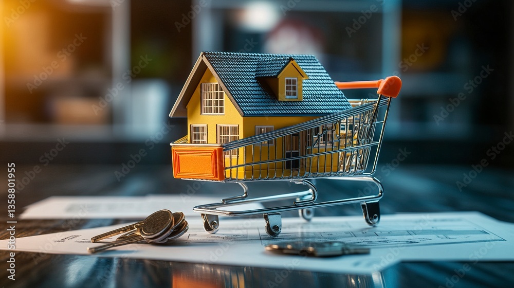 Tiny house model in a modern shopping cart surrounded by subtle props like keys and contracts under bright studio lighting