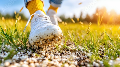 White Shoe Walking on Nature Trail with Grass and Pebbles in the Sunlight