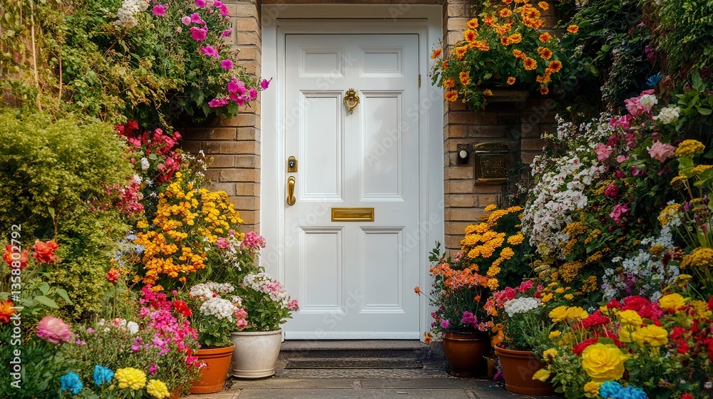 Naklejka premium Traditional entrance with a white door, brass knocker, and intricate detailing vibrant flowers in ceramic pots framing the path.