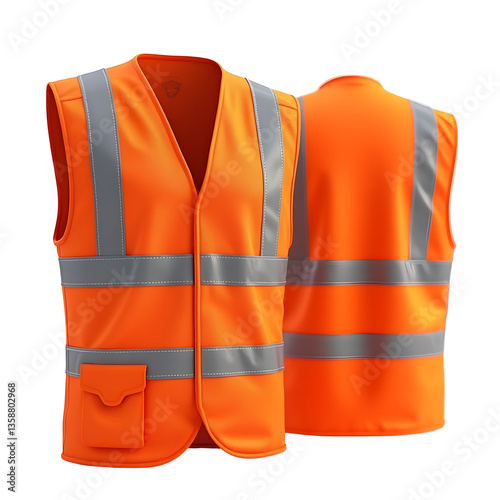 high quality 3d rendering, two bright orange safety vests, one open and one closed, detailed reflective stripes on the vests, textured fabric, studio lighting, clean shadows, photorealistic
