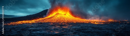 A dynamic volcanic eruption showcasing flowing lava under a cloudy sky