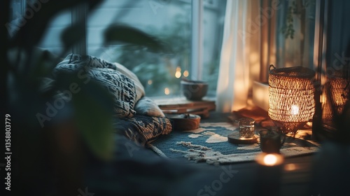 Boho-inspired sitting room with cozy design elements, soft natural light, and a warm, inviting atmosphere.
