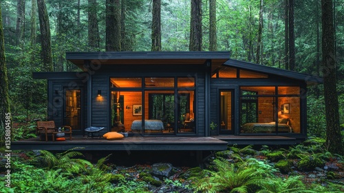 Modern cabin nestled in a lush forest