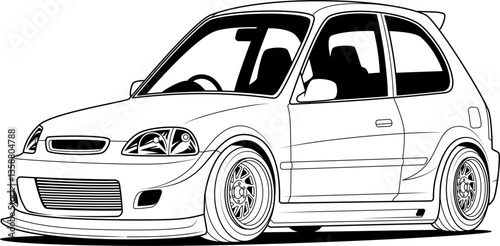 A dynamic vector illustration of a compact car, showcasing sporty modifications like custom wheels, a lowered stance, and a sleek front bumper with an air intake