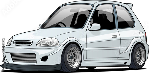 A sleek white compact car vector illustration, showcasing sporty details with alloy wheels, a stylish front bumper, and tinted windows