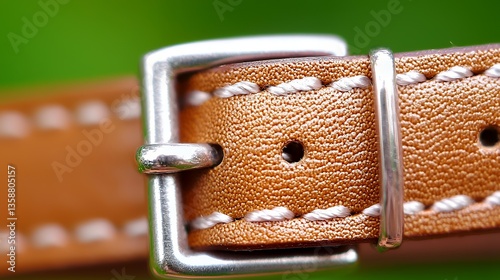 Close-up Brown Leather Belt with Metal Buckle and White Stitching Details
