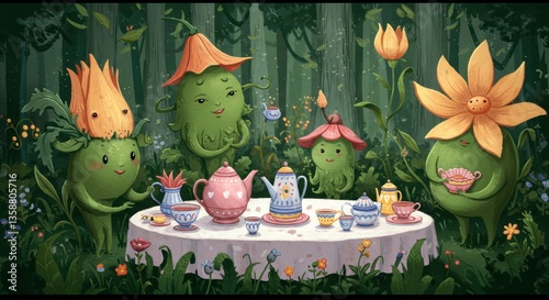 Wallpaper Mural Whimsical Flower Characters Enjoying Tea Party in Enchanted Forest Illustration Torontodigital.ca