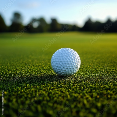 Golf Ball Nestled on a Lush Green Golf Course, Ready for a Perfect Shot Under a Clear Blue Sky