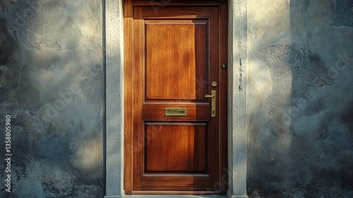 Wooden office door with a polished finish, a brass handle, and a small rectangular window inviting and professional.  